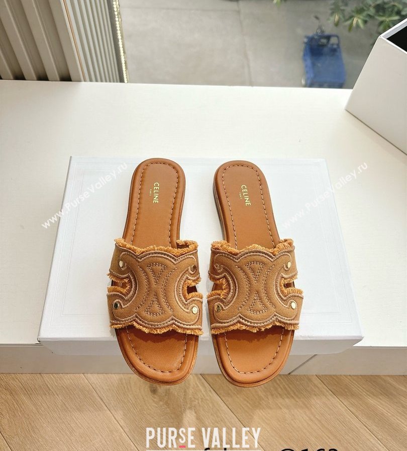 Celine Marina Fringed Flat Slides Sandal in Cotton Canvas Brown 2025 (MD-250428119)