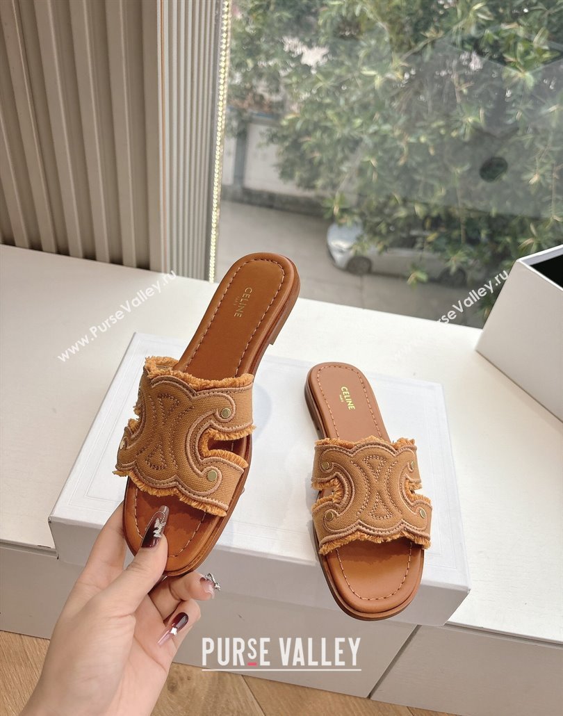 Celine Marina Fringed Flat Slides Sandal in Cotton Canvas Brown 2025 (MD-250428119)