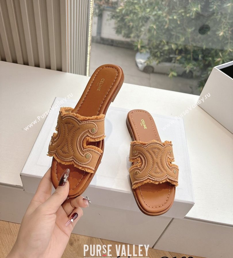 Celine Marina Fringed Flat Slides Sandal in Cotton Canvas Brown 2025 (MD-250428119)