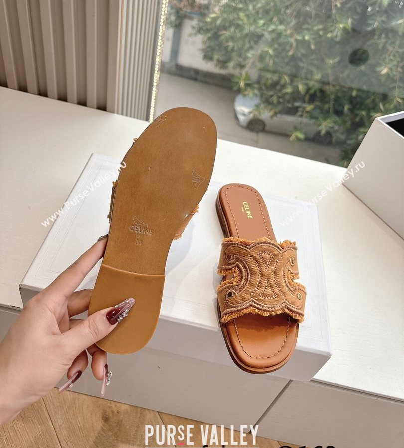 Celine Marina Fringed Flat Slides Sandal in Cotton Canvas Brown 2025 (MD-250428119)