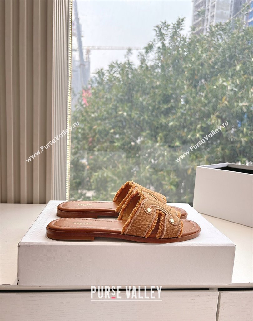 Celine Marina Fringed Flat Slides Sandal in Cotton Canvas Brown 2025 (MD-250428119)