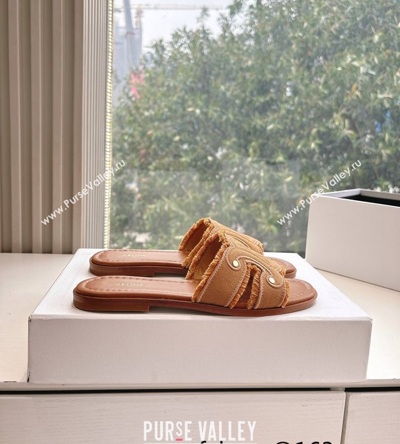 Celine Marina Fringed Flat Slides Sandal in Cotton Canvas Brown 2025 (MD-250428119)