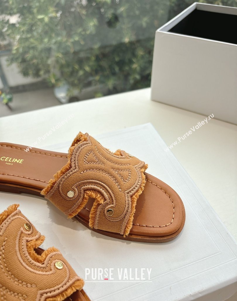 Celine Marina Fringed Flat Slides Sandal in Cotton Canvas Brown 2025 (MD-250428119)