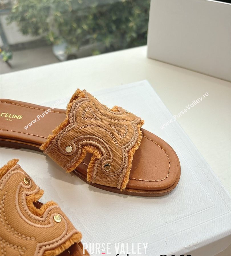 Celine Marina Fringed Flat Slides Sandal in Cotton Canvas Brown 2025 (MD-250428119)