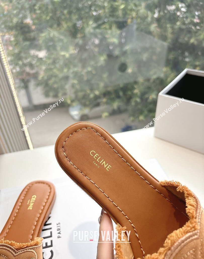 Celine Marina Fringed Flat Slides Sandal in Cotton Canvas Brown 2025 (MD-250428119)