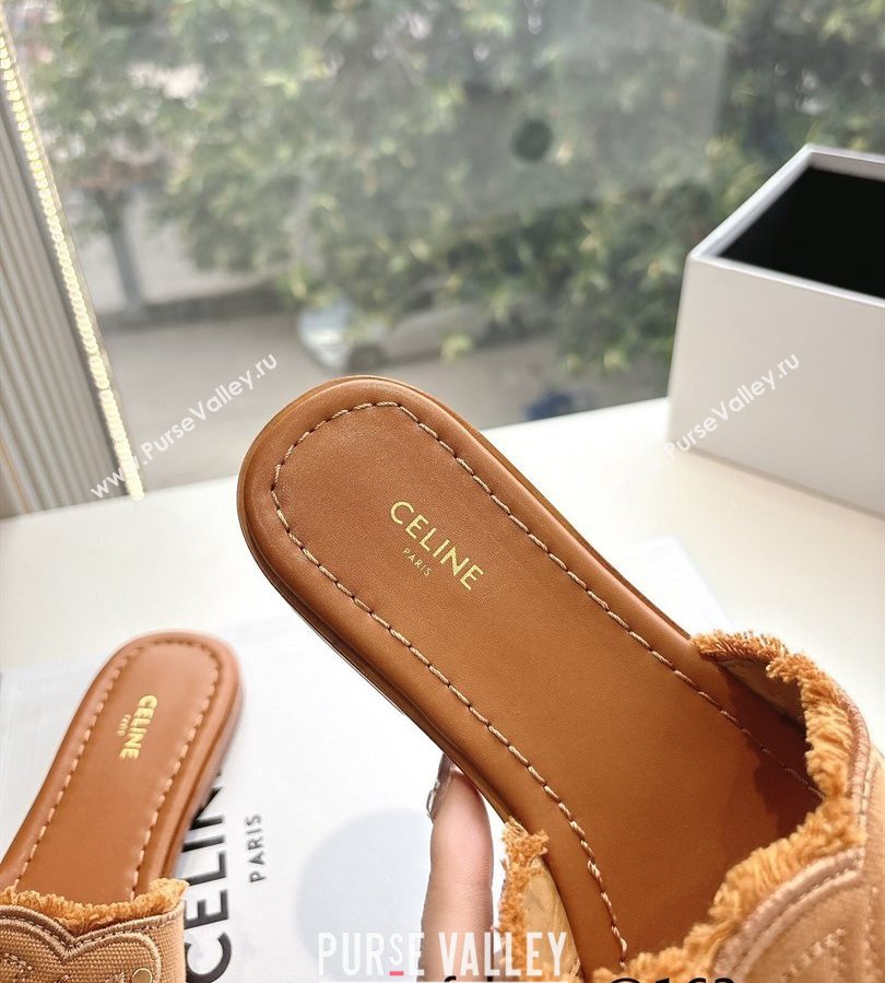 Celine Marina Fringed Flat Slides Sandal in Cotton Canvas Brown 2025 (MD-250428119)