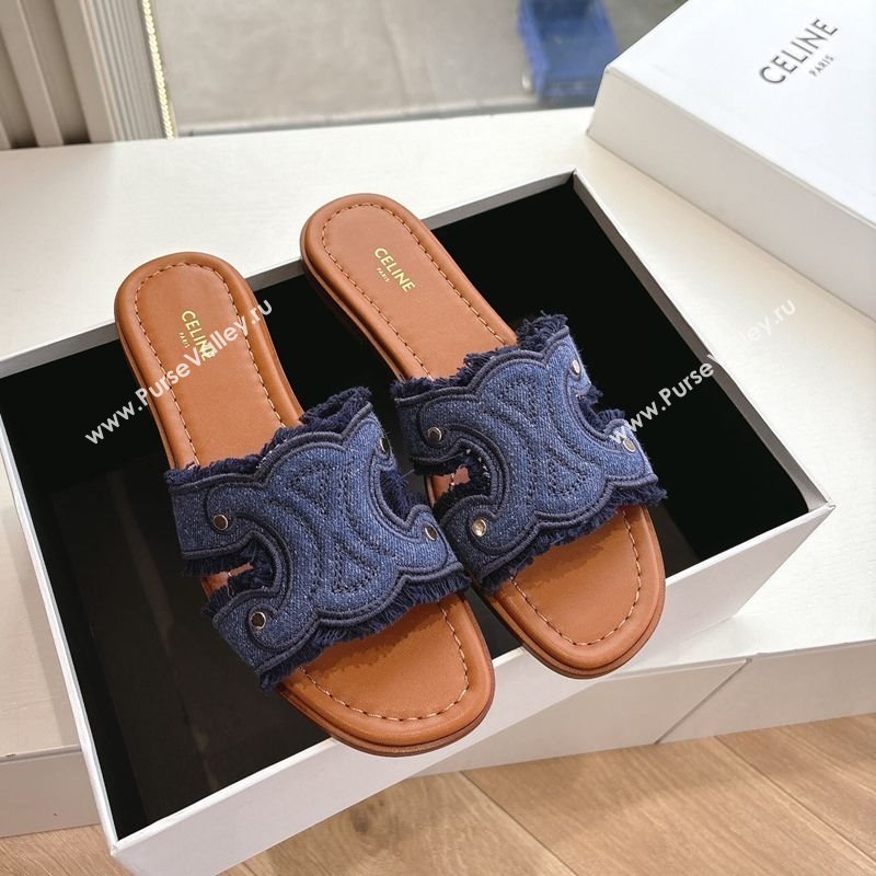 Celine Marina Fringed Flat Slides Sandal in Blue Denim 2025 (MD-250428120)