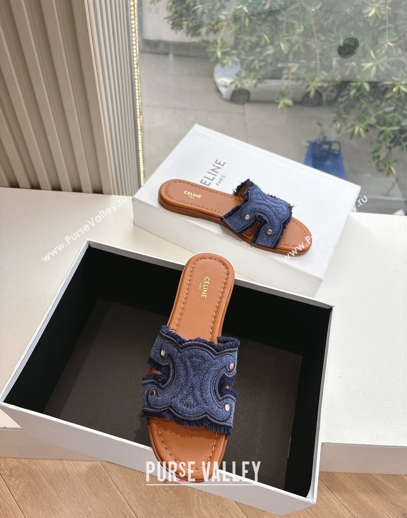 Celine Marina Fringed Flat Slides Sandal in Blue Denim 2025 (MD-250428120)