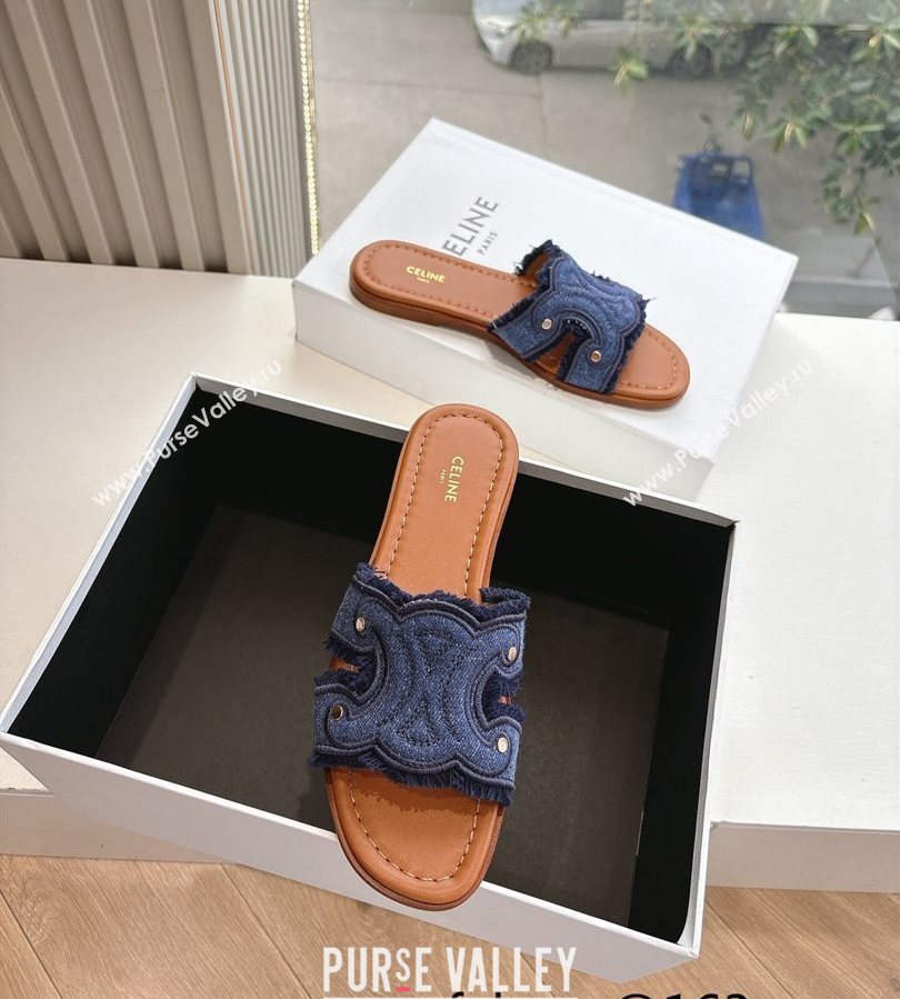 Celine Marina Fringed Flat Slides Sandal in Blue Denim 2025 (MD-250428120)