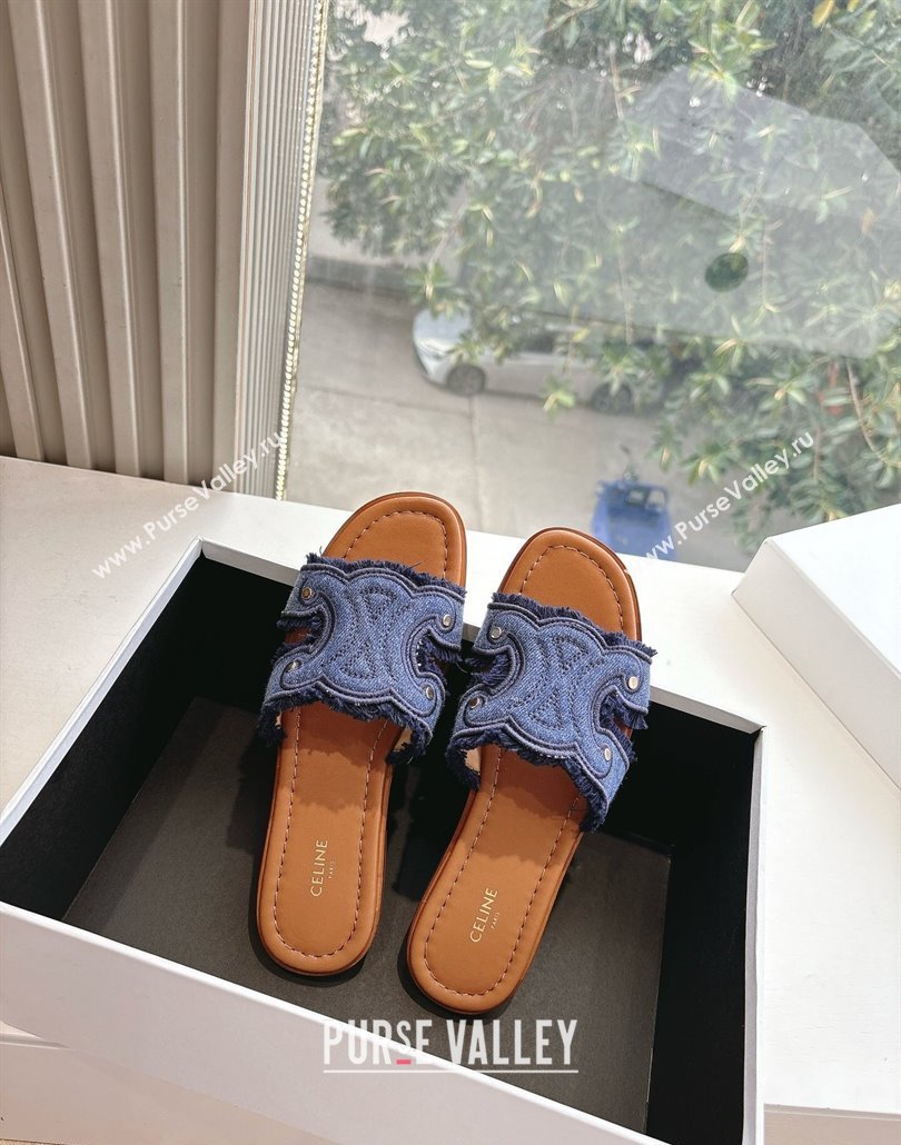 Celine Marina Fringed Flat Slides Sandal in Blue Denim 2025 (MD-250428120)