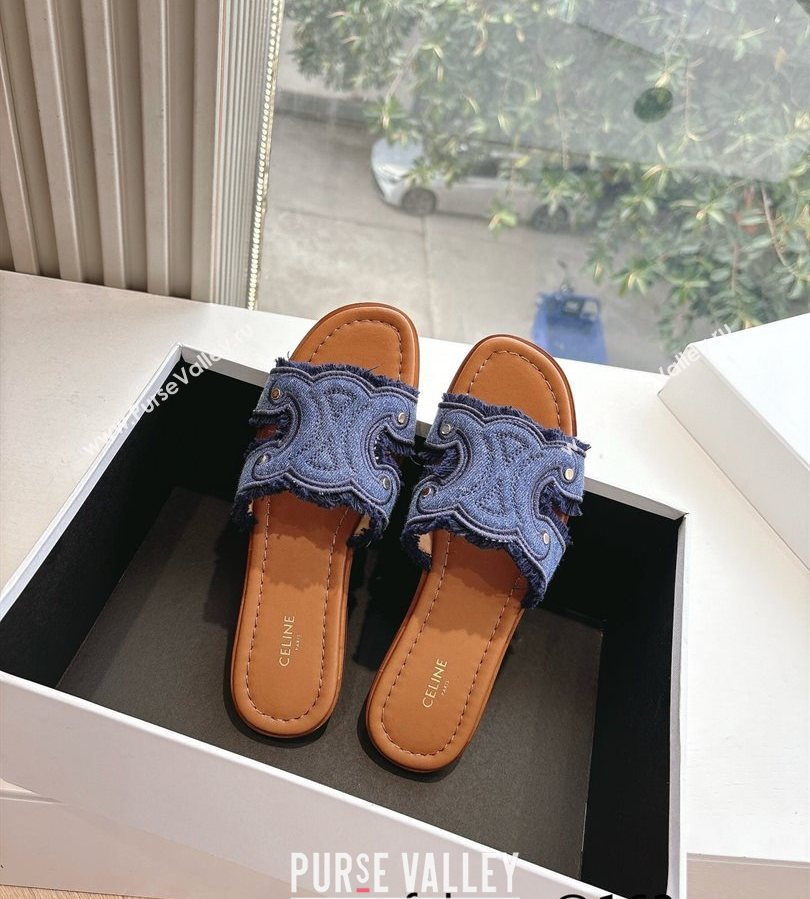 Celine Marina Fringed Flat Slides Sandal in Blue Denim 2025 (MD-250428120)