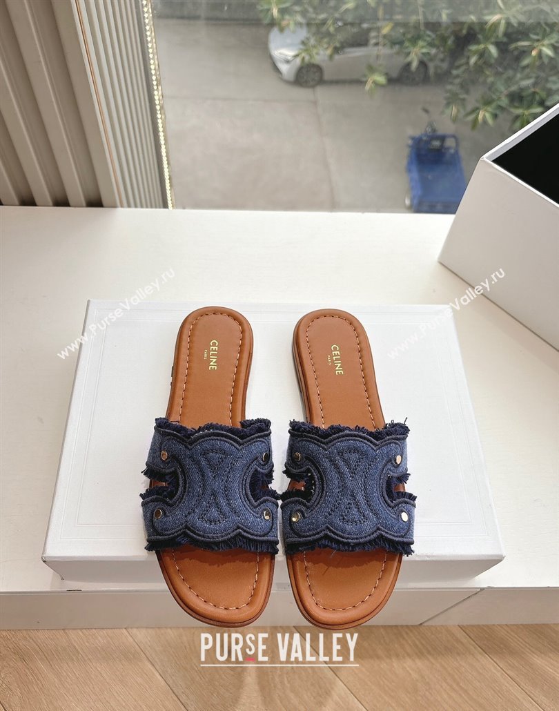 Celine Marina Fringed Flat Slides Sandal in Blue Denim 2025 (MD-250428120)