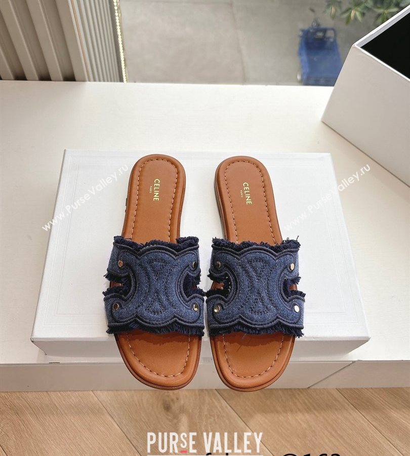 Celine Marina Fringed Flat Slides Sandal in Blue Denim 2025 (MD-250428120)
