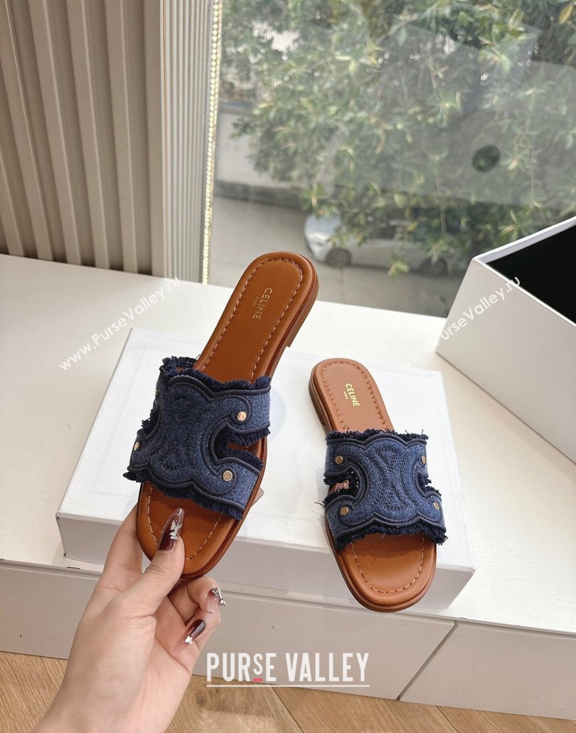 Celine Marina Fringed Flat Slides Sandal in Blue Denim 2025 (MD-250428120)