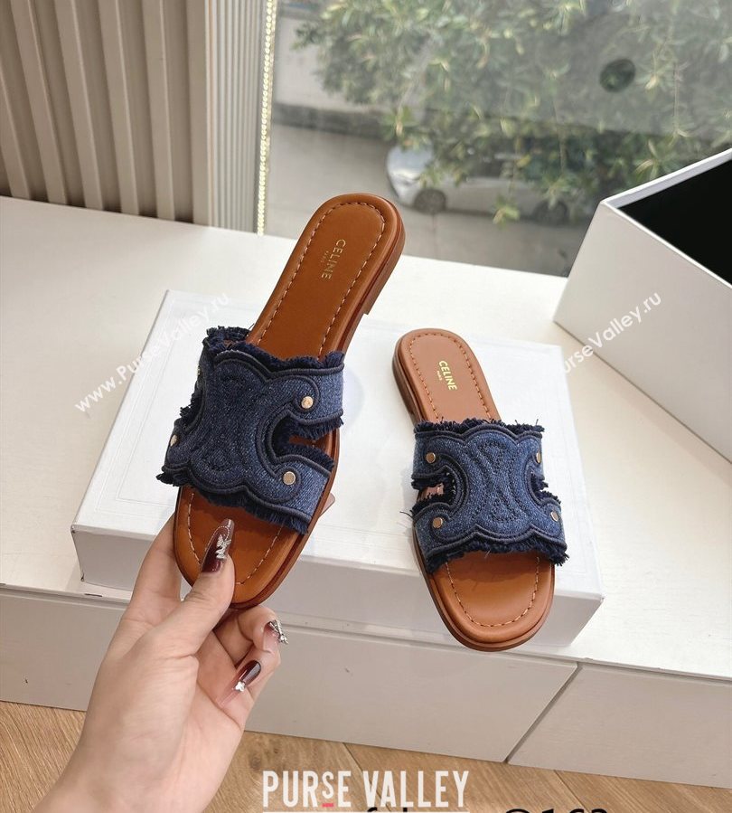Celine Marina Fringed Flat Slides Sandal in Blue Denim 2025 (MD-250428120)