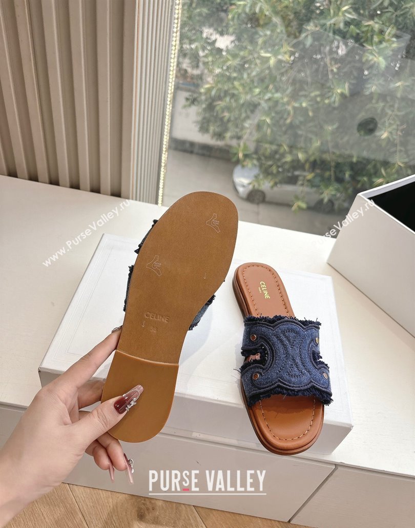 Celine Marina Fringed Flat Slides Sandal in Blue Denim 2025 (MD-250428120)
