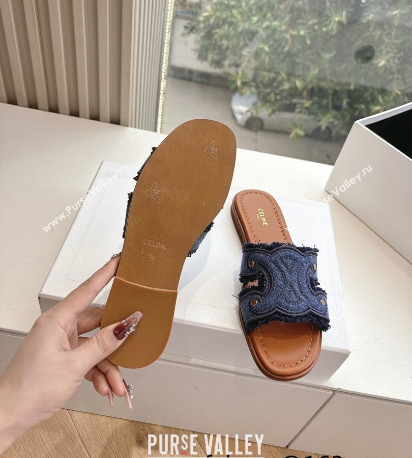 Celine Marina Fringed Flat Slides Sandal in Blue Denim 2025 (MD-250428120)