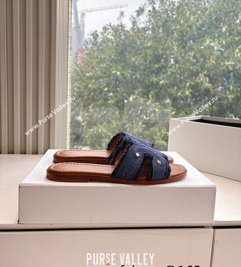 Celine Marina Fringed Flat Slides Sandal in Blue Denim 2025 (MD-250428120)