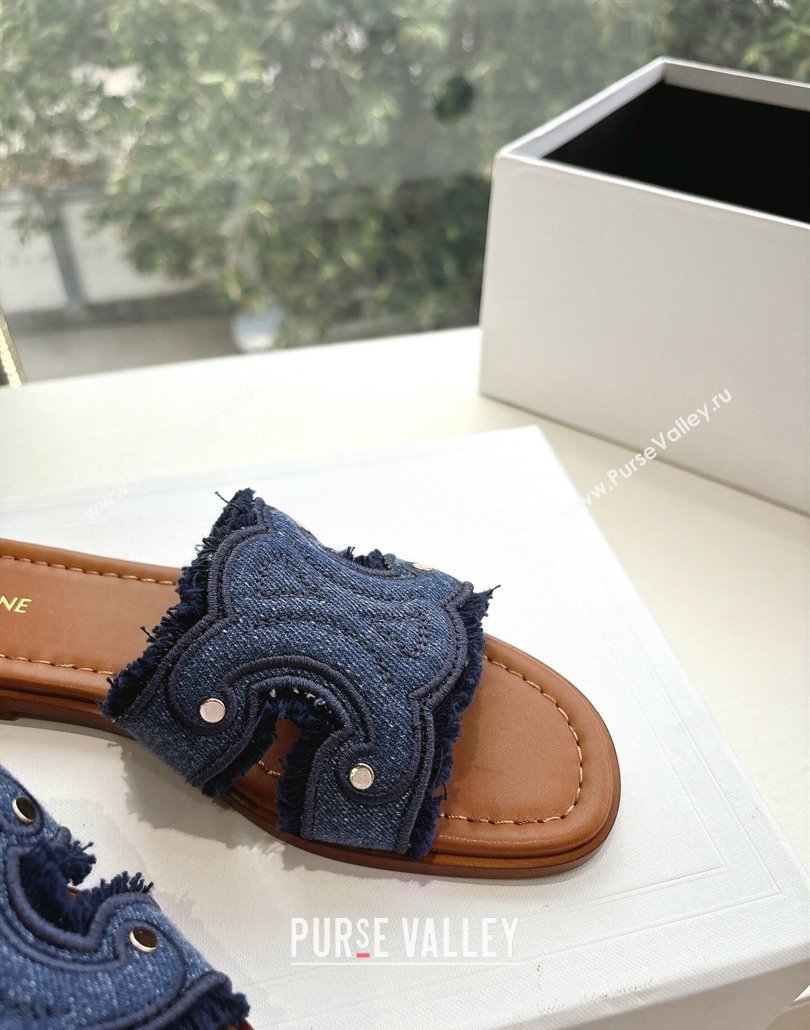 Celine Marina Fringed Flat Slides Sandal in Blue Denim 2025 (MD-250428120)