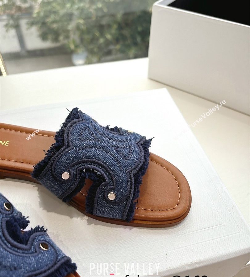 Celine Marina Fringed Flat Slides Sandal in Blue Denim 2025 (MD-250428120)