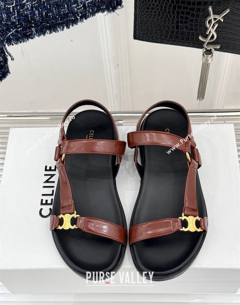 Celine Maud Flat Sandals in Calfskin Leather Dark Brown 2025 (MD-250428122)