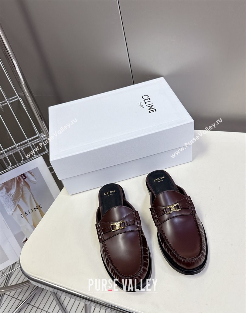 Celine Luco Flat Loafers Mules in Polished Leather Dark Brown 2025 (MD-250428128)