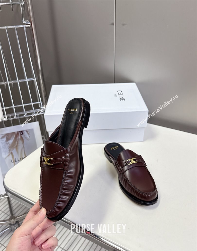 Celine Luco Flat Loafers Mules in Polished Leather Dark Brown 2025 (MD-250428128)