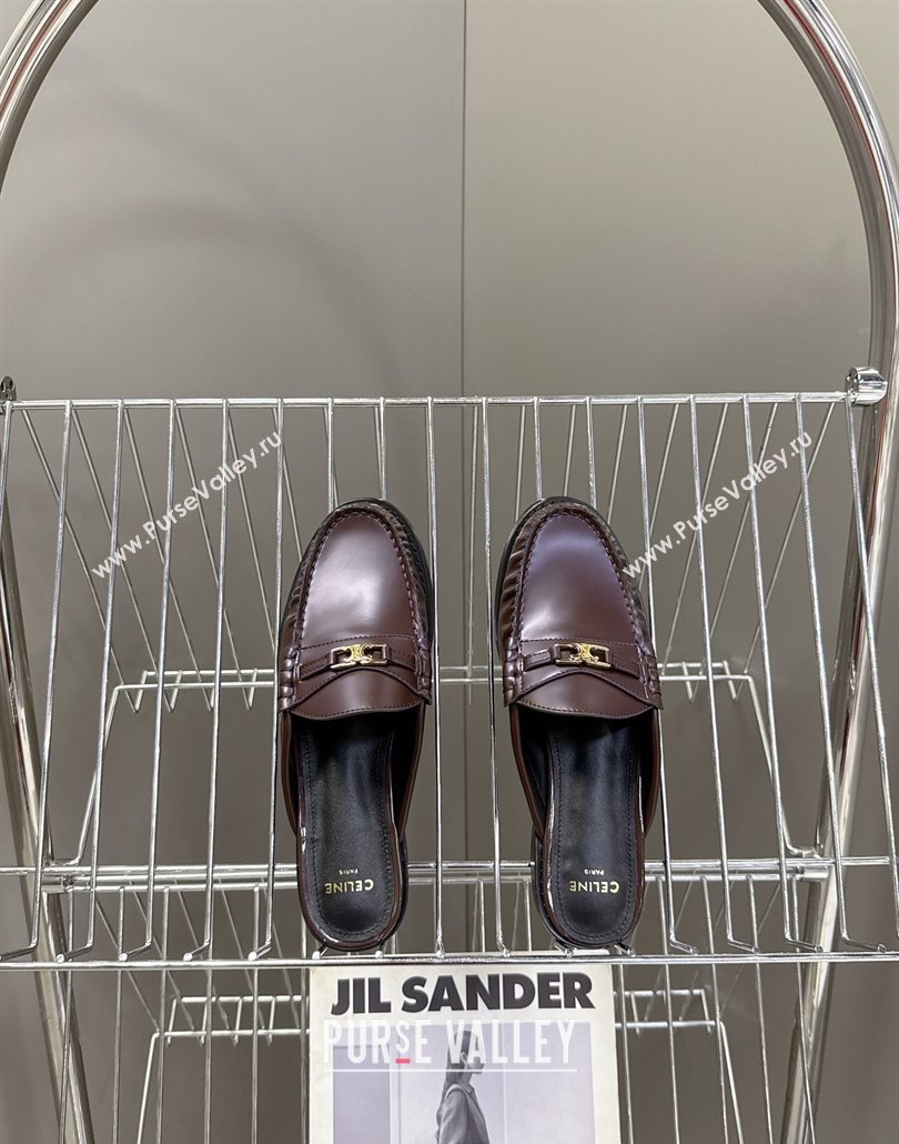 Celine Luco Flat Loafers Mules in Polished Leather Dark Brown 2025 (MD-250428128)