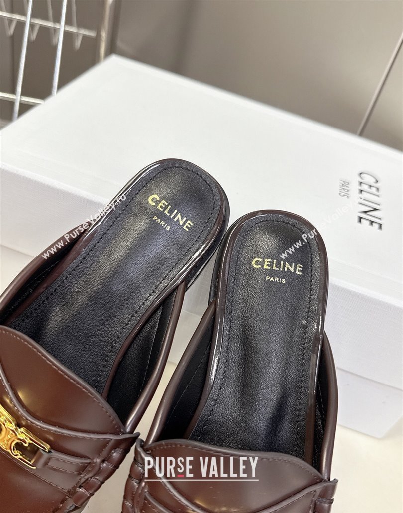 Celine Luco Flat Loafers Mules in Polished Leather Dark Brown 2025 (MD-250428128)
