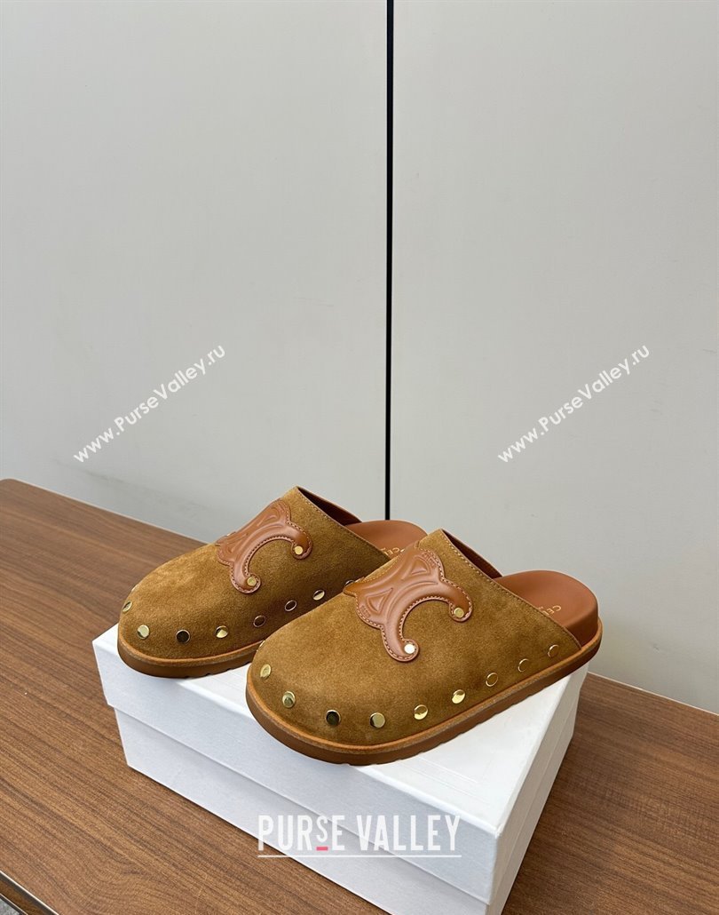 Celine Pitea Clog Mules in Suede and Studs Brown 2025 (MD-250428109)