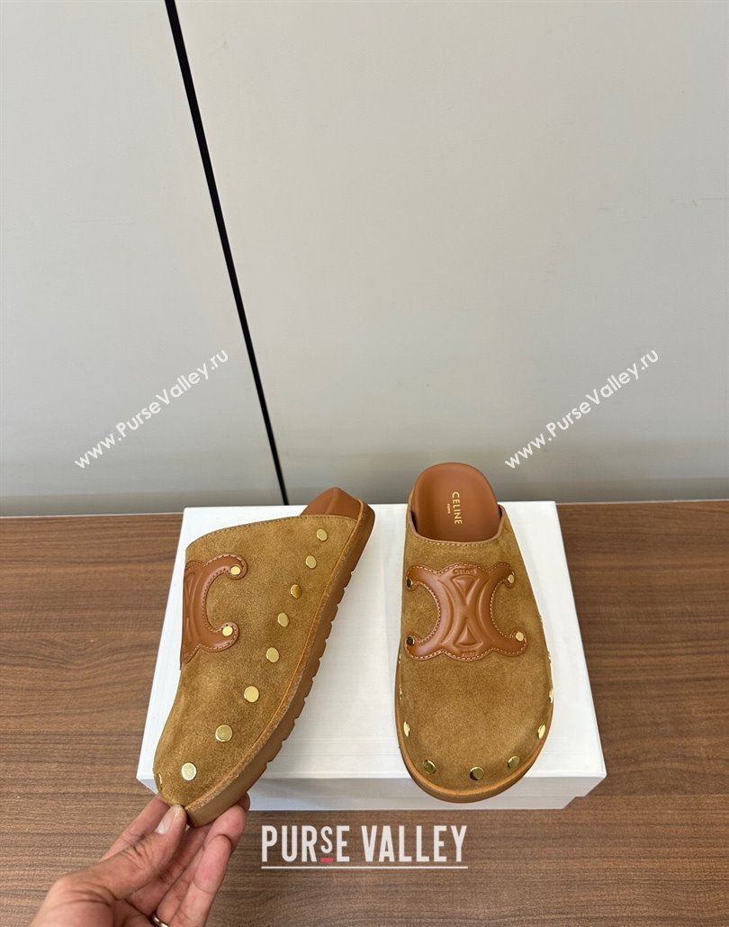 Celine Pitea Clog Mules in Suede and Studs Brown 2025 (MD-250428109)