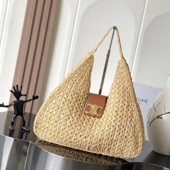 Celine Classic Panier Cabas Triangle bag in Raffia Straw and Calfskin Beige 2025 119772 (BL-250520023)