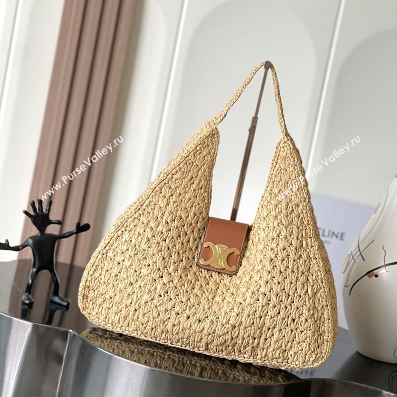 Celine Classic Panier Cabas Triangle bag in Raffia Straw and Calfskin Beige 2025 119772 (BL-250520023)