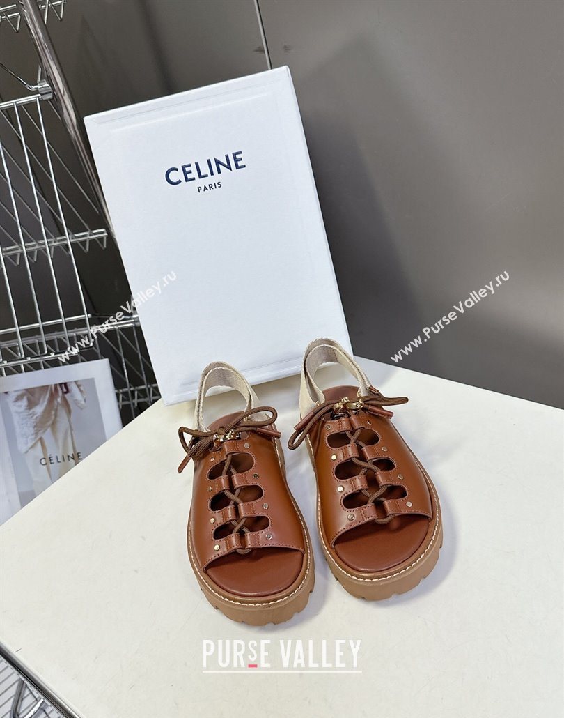 Celine Billie Chunky Sandals in Calfskin and Textile Brown 2025 (HQG-250604001)