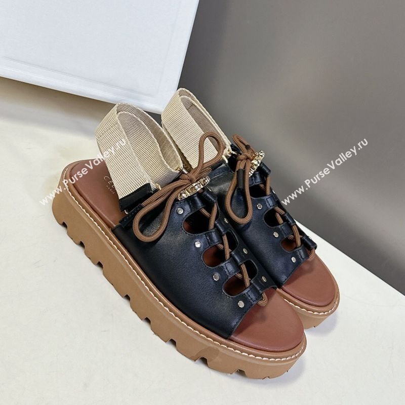 Celine Billie Chunky Sandals in Calfskin and Textile Black 2025 (HQG-250604003)