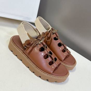 Celine Billie Chunky Sandals in Calfskin and Textile Brown 2025 (HQG-250604001)