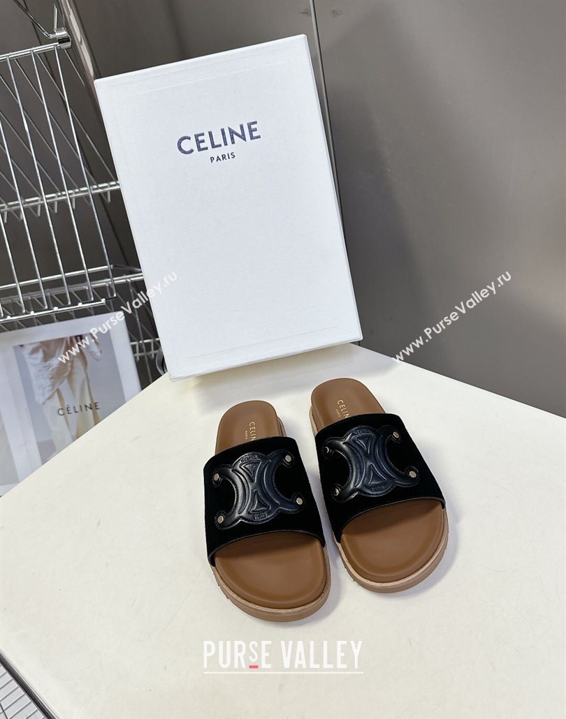 Celine Triomphe Suede Slides Sandals Black 2025 CL060401 (MD-250604005)