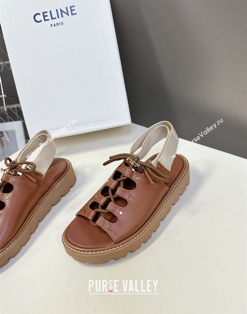 Celine Billie Chunky Sandals in Calfskin and Textile Brown 2025 (HQG-250604001)