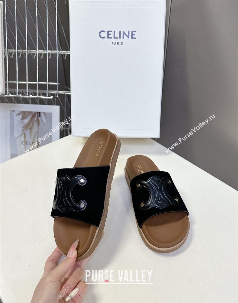 Celine Triomphe Suede Slides Sandals Black 2025 CL060401 (MD-250604005)