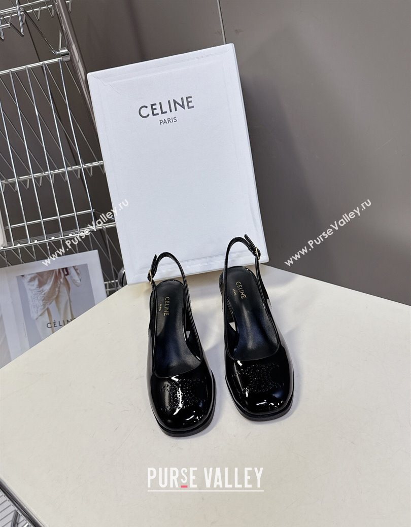 Celine Lily Perforated Triomphe Slingback Pumps 6cm in Patent Calfskin Black 2025 CE082614 (MD-250826119)