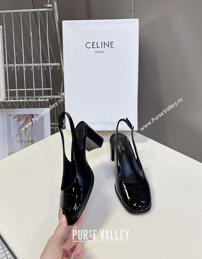 Celine Lily Perforated Triomphe Slingback Pumps 6cm in Patent Calfskin Black 2025 CE082614 (MD-250826119)