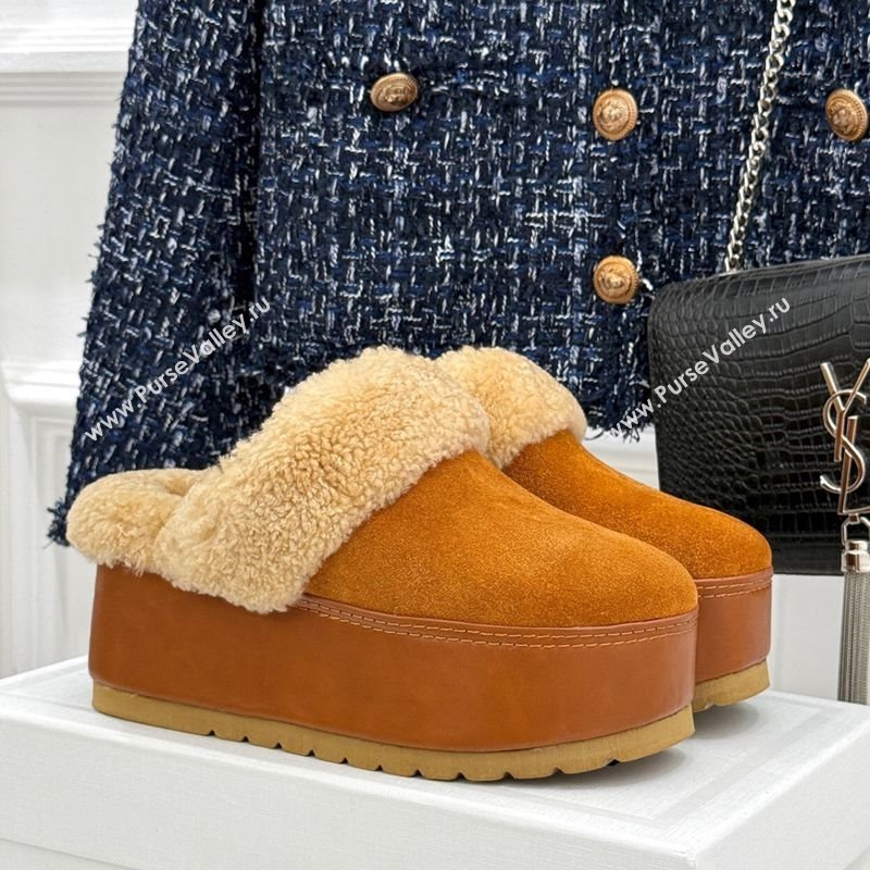 Celine Dana Wedge Platform Mules in Suede and Shearling Havana Yellow 2025 CE082615 (MD-250826120)