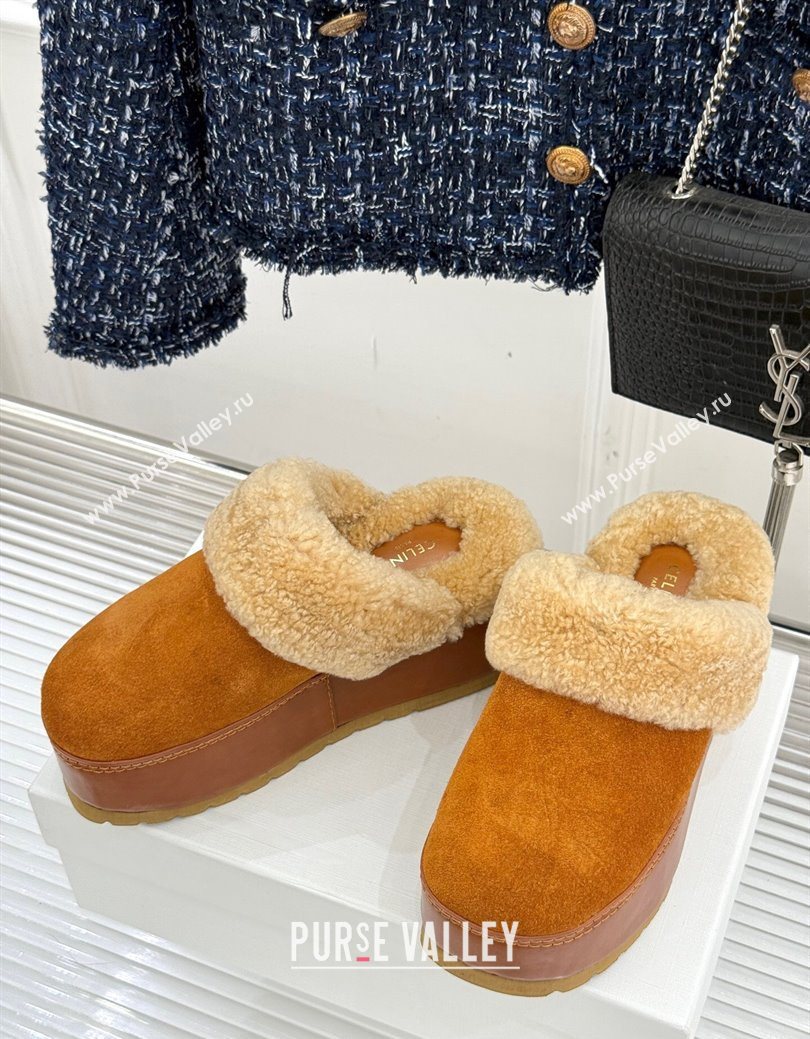 Celine Dana Wedge Platform Mules in Suede and Shearling Havana Yellow 2025 CE082615 (MD-250826120)