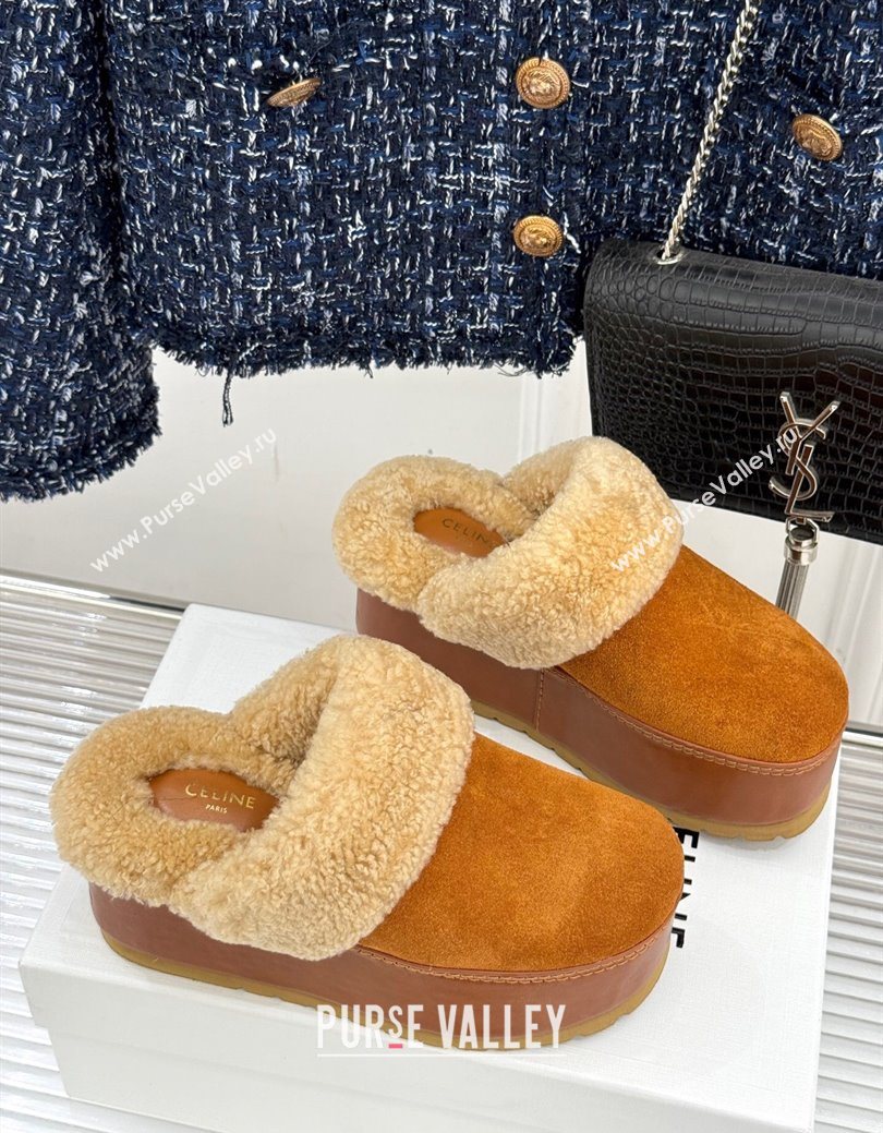 Celine Dana Wedge Platform Mules in Suede and Shearling Havana Yellow 2025 CE082615 (MD-250826120)