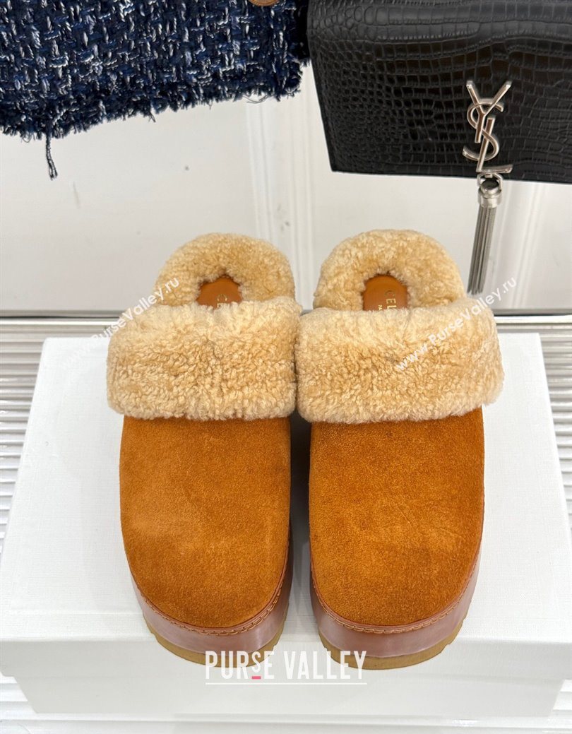Celine Dana Wedge Platform Mules in Suede and Shearling Havana Yellow 2025 CE082615 (MD-250826120)