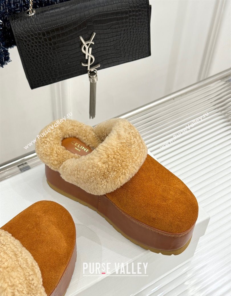 Celine Dana Wedge Platform Mules in Suede and Shearling Havana Yellow 2025 CE082615 (MD-250826120)