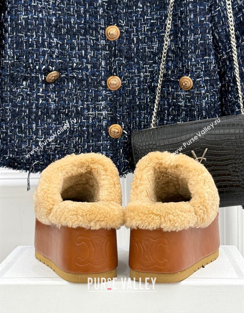 Celine Dana Wedge Platform Mules in Suede and Shearling Havana Yellow 2025 CE082615 (MD-250826120)