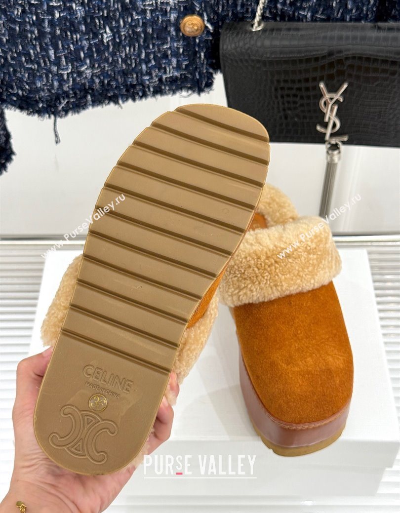 Celine Dana Wedge Platform Mules in Suede and Shearling Havana Yellow 2025 CE082615 (MD-250826120)