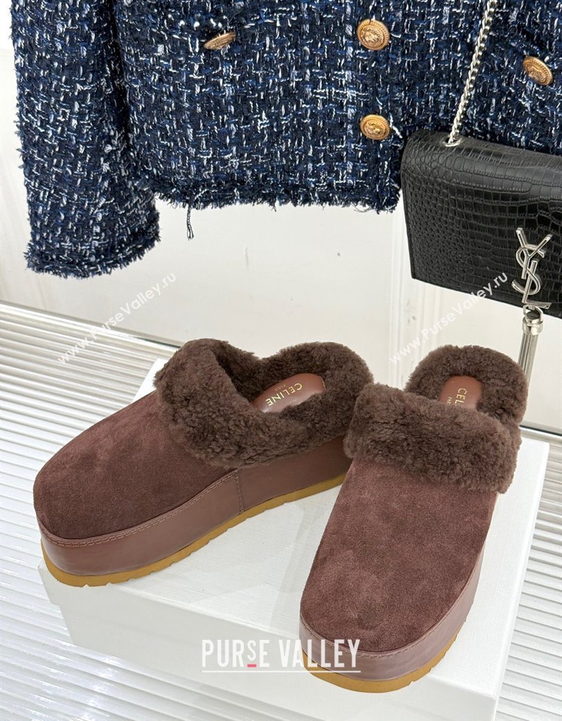 Celine Dana Wedge Platform Mules in Suede and Shearling Brown 2025 CE082615 (MD-250826121)