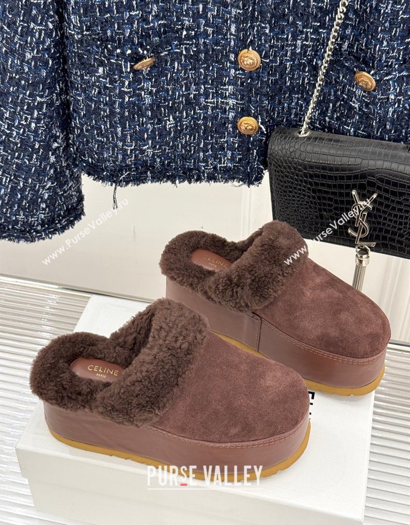 Celine Dana Wedge Platform Mules in Suede and Shearling Brown 2025 CE082615 (MD-250826121)
